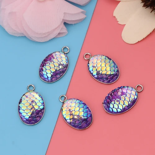 

10pcs 304 Stainless Steel Mermaid Fish Scale Charm Colorful Faux Druzy Cabochon Resin Oval Drusy Charms 22mmx 13mm