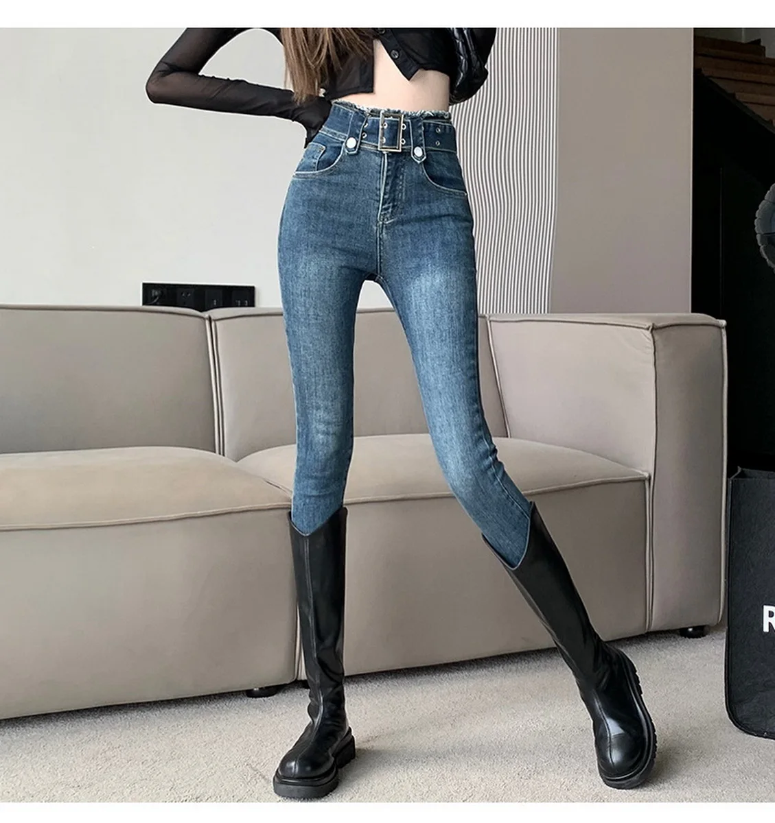 

Джинсы с высокой талией, женские облегающие узкие брюки, весенние повседневные джинсовые брюки для девочек, черные женские модные джинсовые брюки