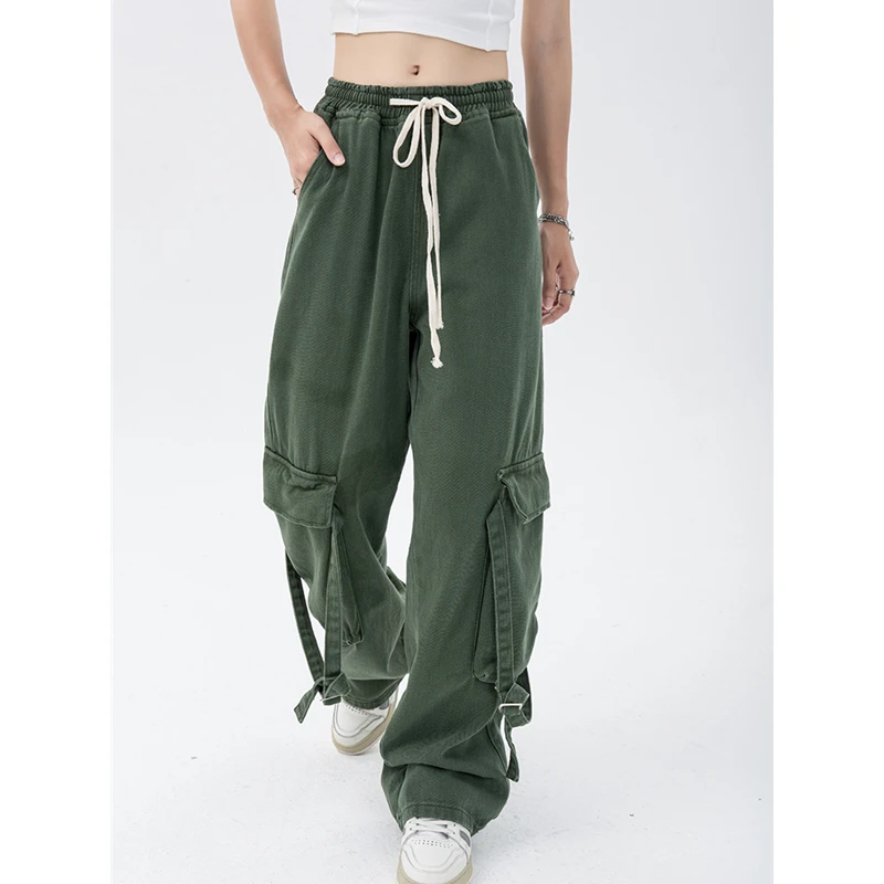 Retro ArmyGreen Overalls Jeans Women's Fashion Women's Trousers Hip Hop High Waist Loose Casual Cargo Pants Vintage Stre
