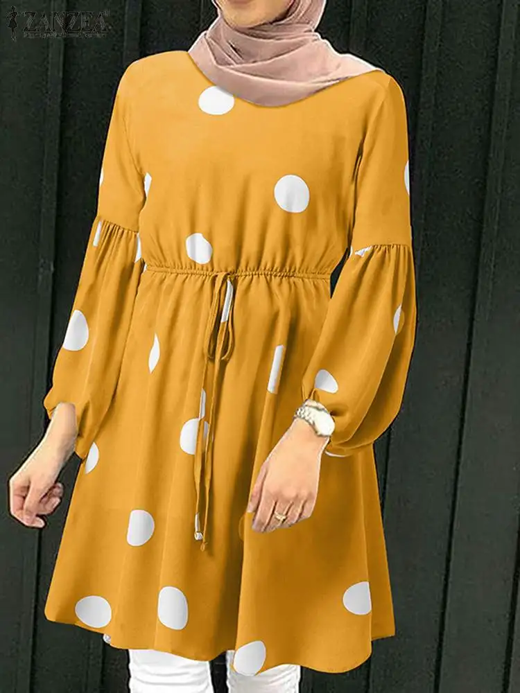 Женская мусульманская блузка ZANZEA в горошек со шнуровкой и пышными рукавами