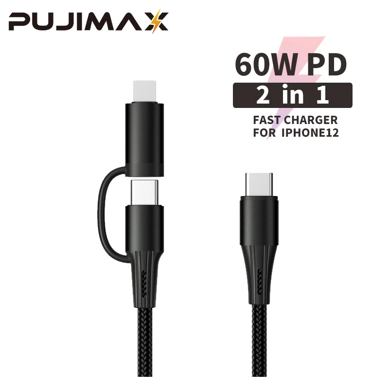 

PUJIMAX USB Data Cable PD 60W 2 in 1 USB C to Type-C/Lightning Fast cables For Iphone Samsung MacBook iPad HUAWEI Charge Cord