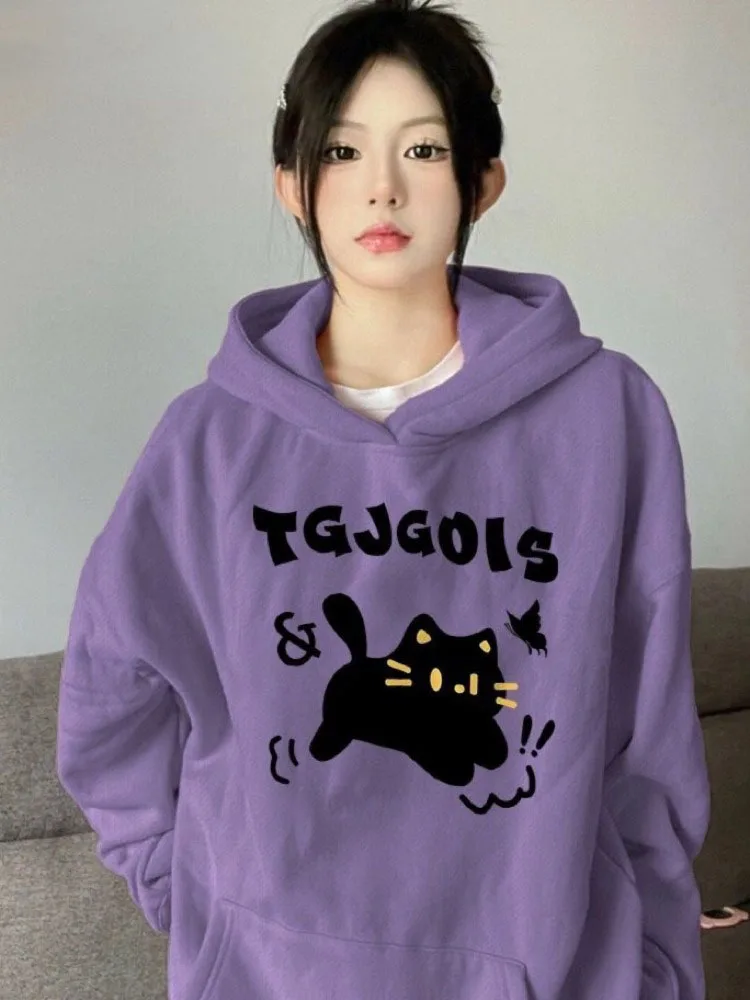 

Женские свободные толстовки с надписью и японским котиком, милые пуловеры в стиле гранж на осень и зиму, уличная одежда, повседневные свитшоты с карманами Y2k