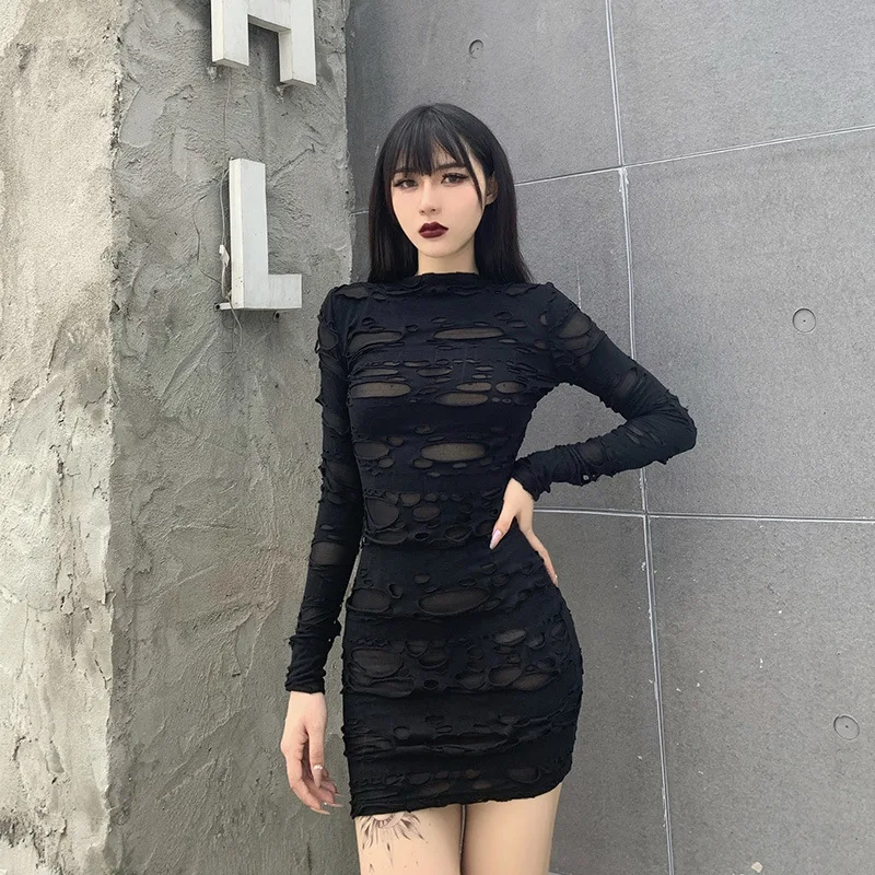 

Retro Gothic Black Short Skirts Sexy Slim Hole Hollow Out Mini Dress Streetwear Fashion Long Sleeve Hip-wrapped Dress for Women