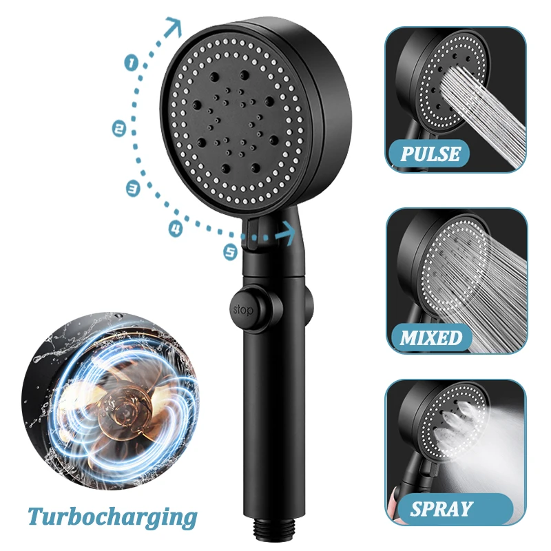 

Adjustable Turbocharged Shower Head 5 Mode High Pressure Water Saving Bathroom Spray Nozzle One-key Stop Water Shower Head