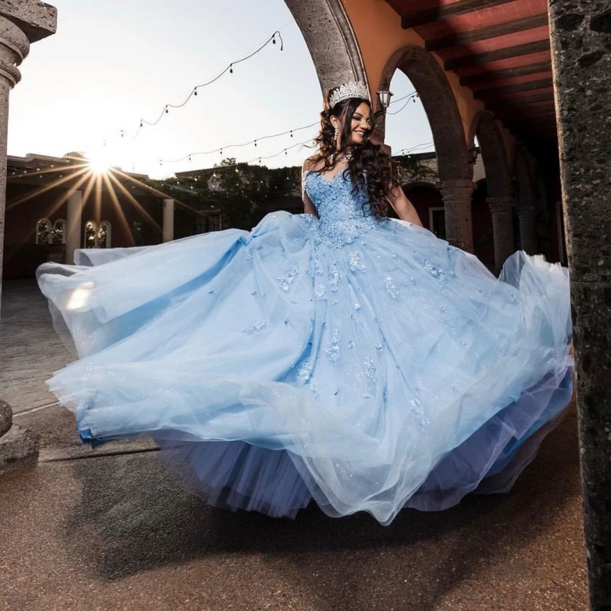 

Сверкающее синее платье Lorencia для Quinceanera 2024, бальное платье, кружевное платье с аппликацией и блестками, мексиканское платье, vestido de 15, женское платье YQD91