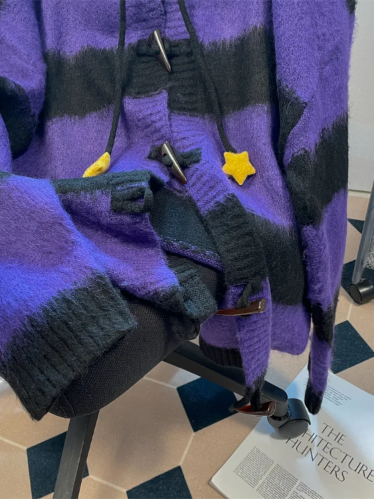 Женский винтажный Кардиган со звездами Y2k полосатый мохеровый свитер с капюшоном