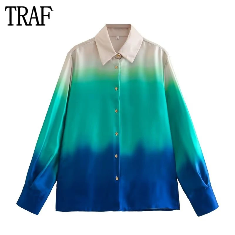 

TRAF 2023 Tie Dye Shirt Women Blue Print Satin Blouse Female Long Sleeve Button Up Shirts for Women Summer Collared Women Shirt