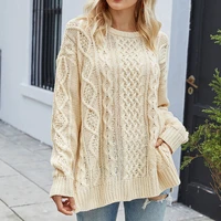 2021 new casual loose pullover knitted sweater women autumn and winter womens cable slit crew neck sweater top clothes set