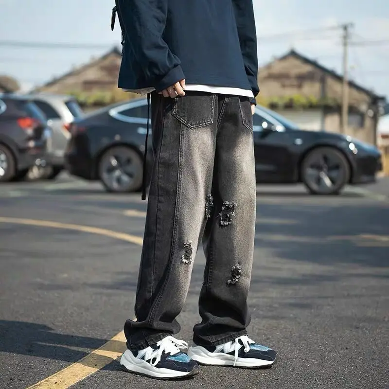 DEEPTOWN Vintage Ripped Jeans Men Retro Fashion Hole Denim Pants Hip Hop Punk Trousers Male Streetwear Loose Casual Straight 3XL