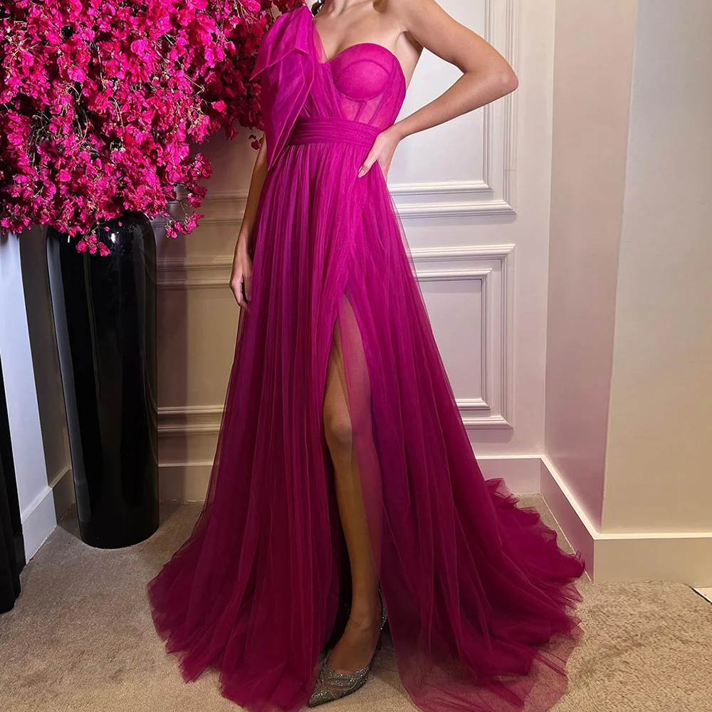 

Off The Shoulder Prom Dress Sweetheart Long Pleated Tulle Evening Dresses One Shoulder Elegant vestido Formal Party Gown