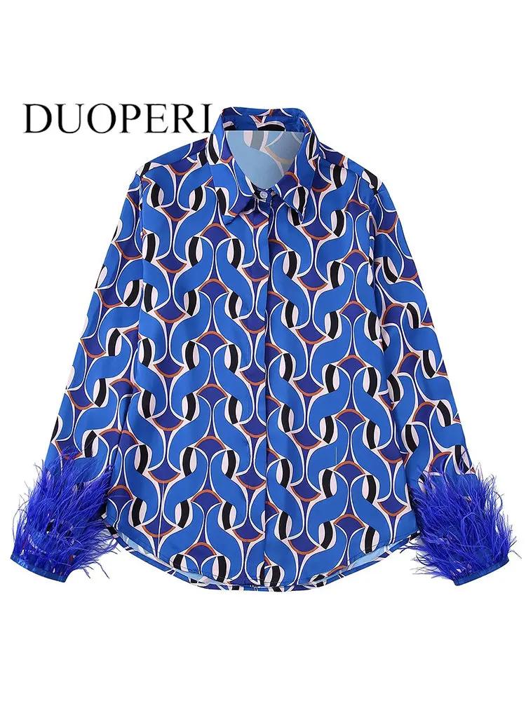 

DUOPERI Women Fashion With Feathers Printed Single Breasted Blouse Vintage Long Sleeves Lapel Neck Female Chic Lady Shirts