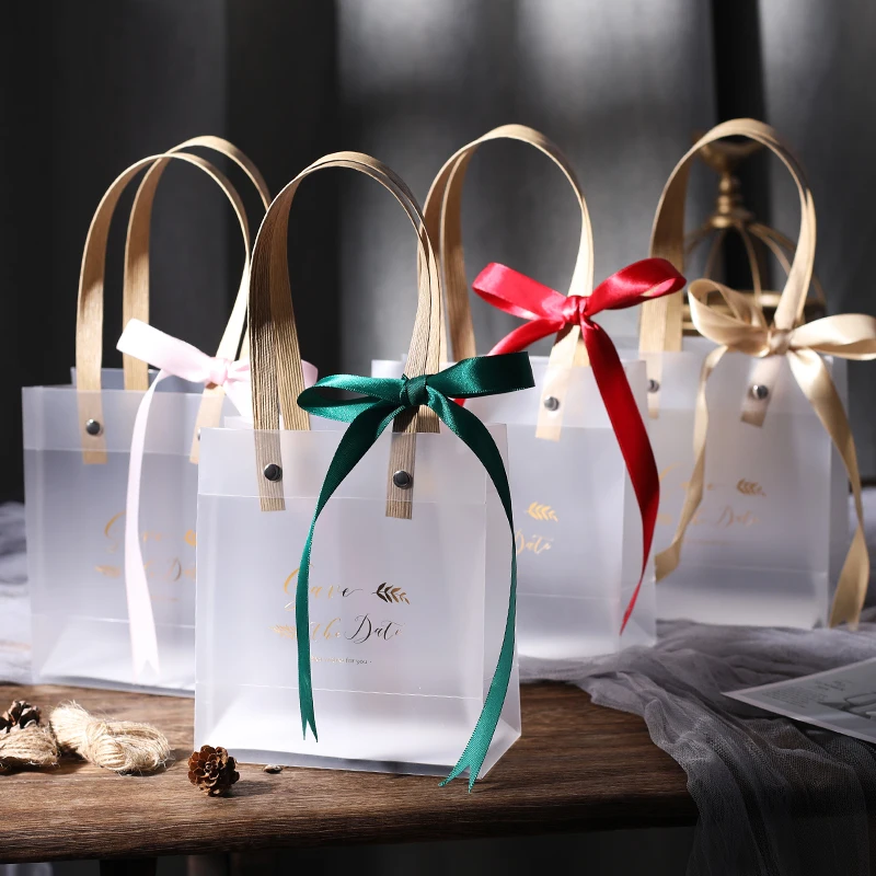 

10pcs Semi Clear Plastic Gift Bags Champagne Handle Wedding Gift Transparent Bag Birthday Handbag Party Favors PP Gift Wrap Bag