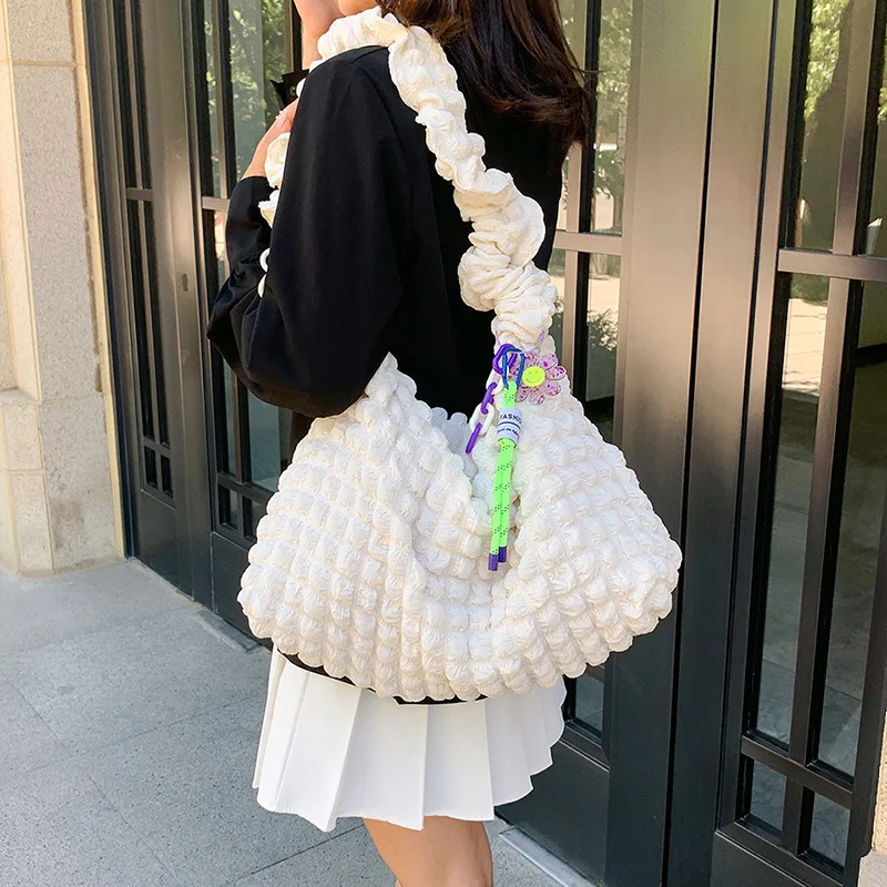 Summer Y2K Vacation Colorful Trend Shopper French Style Shoulder Puff Bag Women's Large Cute Simple Minimalist Tote Ruffle Strap