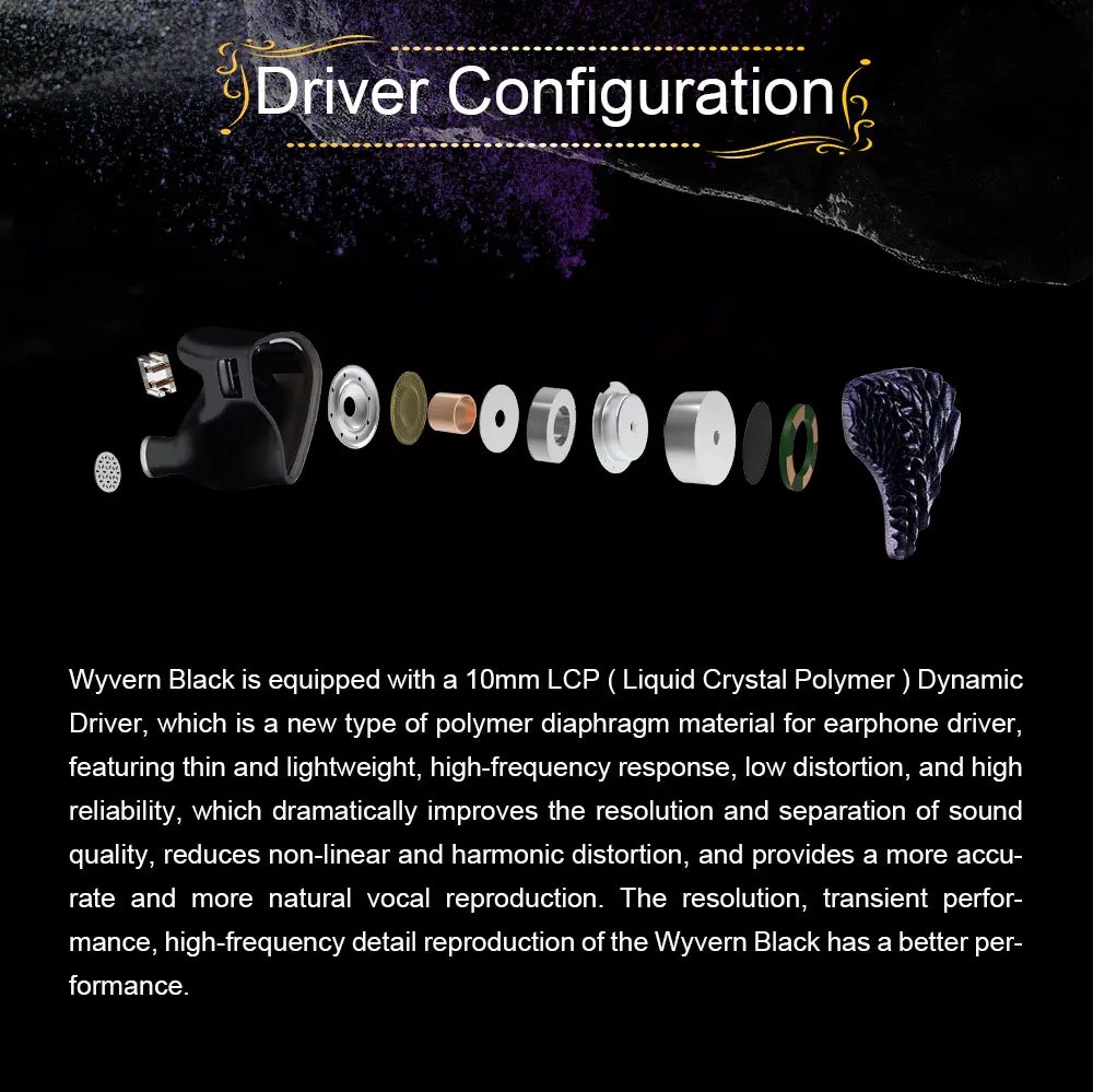 Kinera Celest Wyvern черные наушники-вкладыши с динамическим драйвером LCP 10 мм со съемной