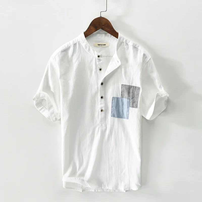 

Square pattern patch style Summer Men linen cotton t shirt men short sleeve V-neck breathable soft Loose Thin white t-shirt men