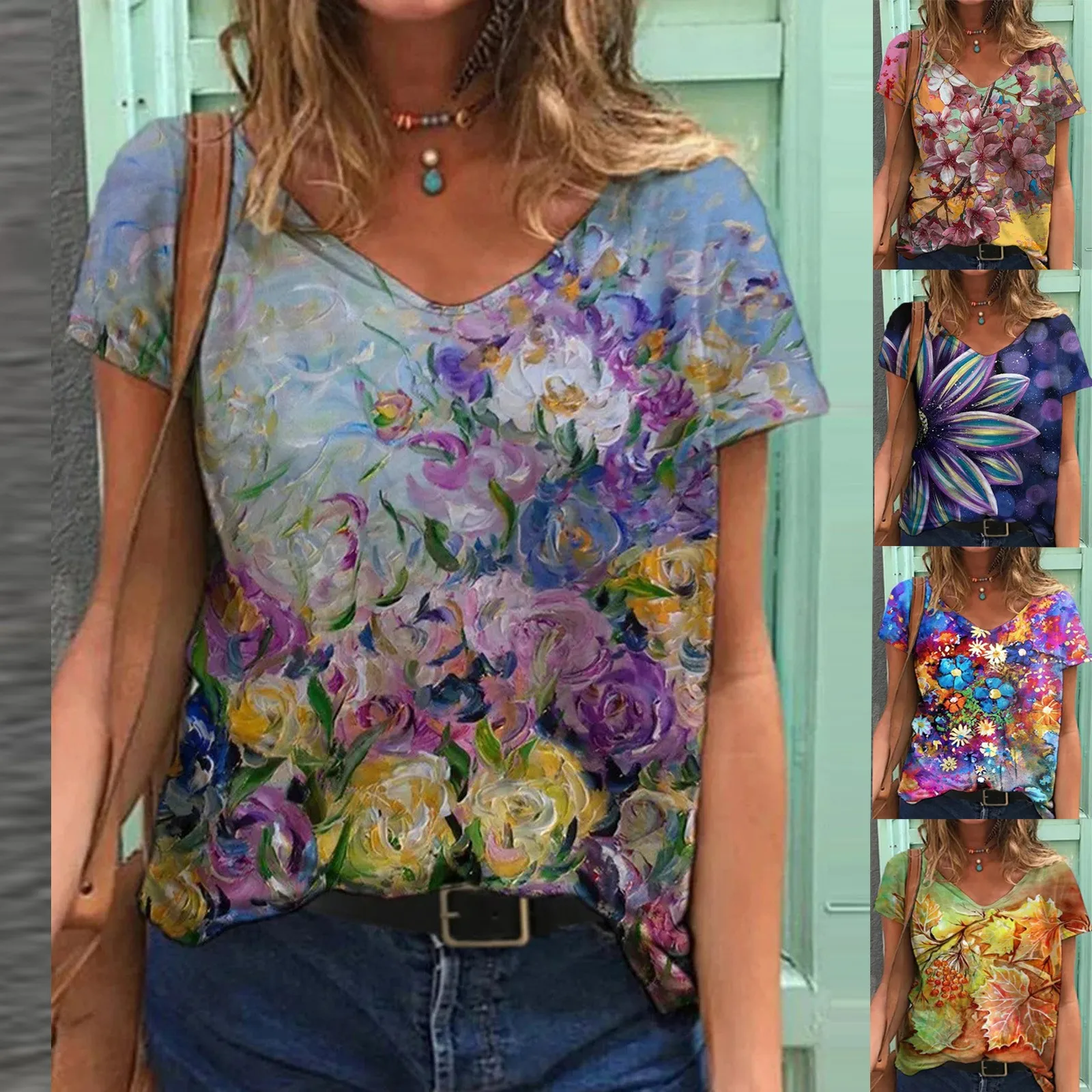 

Женская Свободная блузка с круглым вырезом, коротким рукавом и принтом