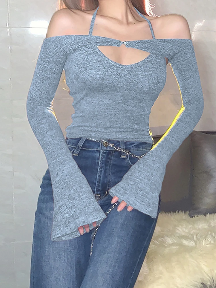 Топ Y2K женские футболки с длинным рукавом топы из 2 предметов лямкой на шее