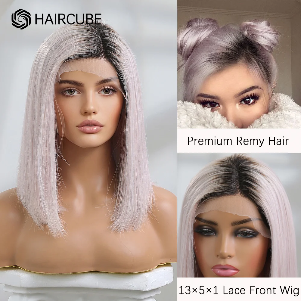 HAIRCUBE 13×5×1 Lace Front Human Hair Wig Shoulder Length Ombre Pastel Pink Bob Wigs for Women Side Parted Straight Remy Hair