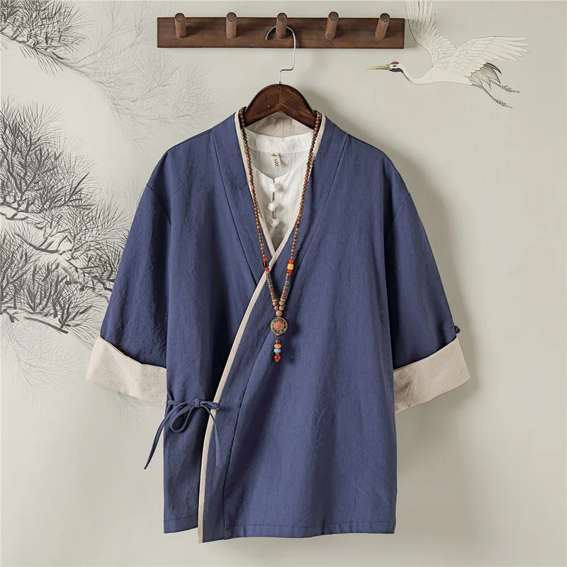 Chinese Style Zen Tea Tee Shirt Retro Cotton Linen Top Kung Fu Blouse T-shirt Japanese Samurai Kimono Haori Cardigan Casual Coat