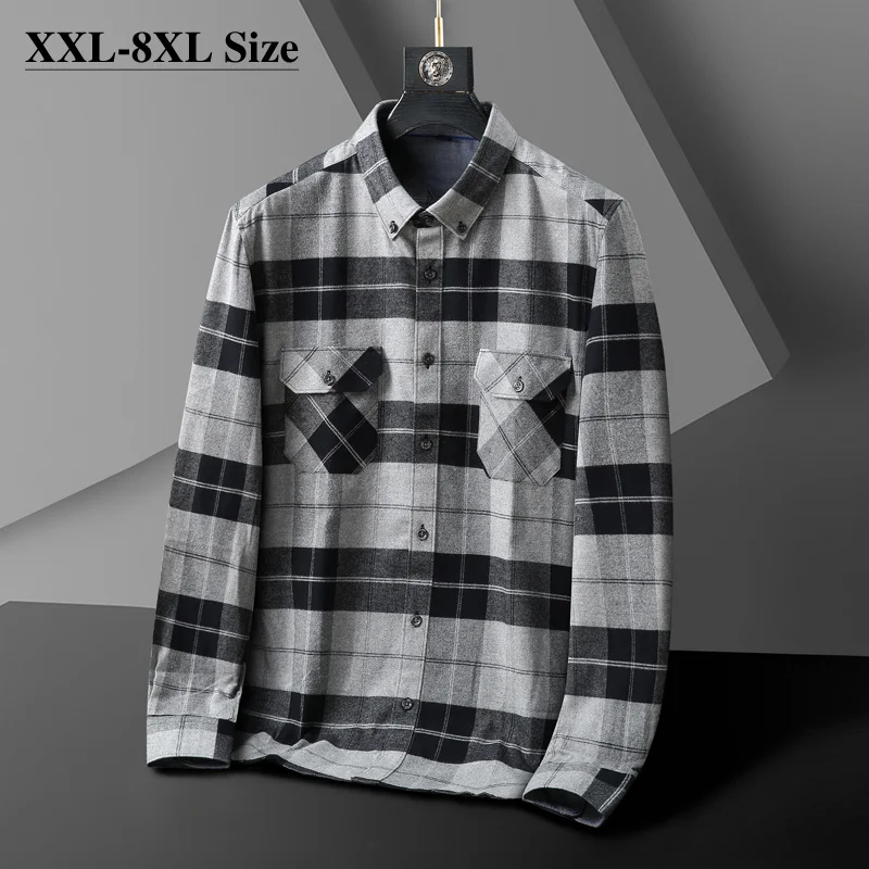 

Oversize 6XL 8XL 10XL Autumn Men's Casual Plaid Long Sleeve Yarn-dyed Brushed Cotton Loose Fashion Shirt Male