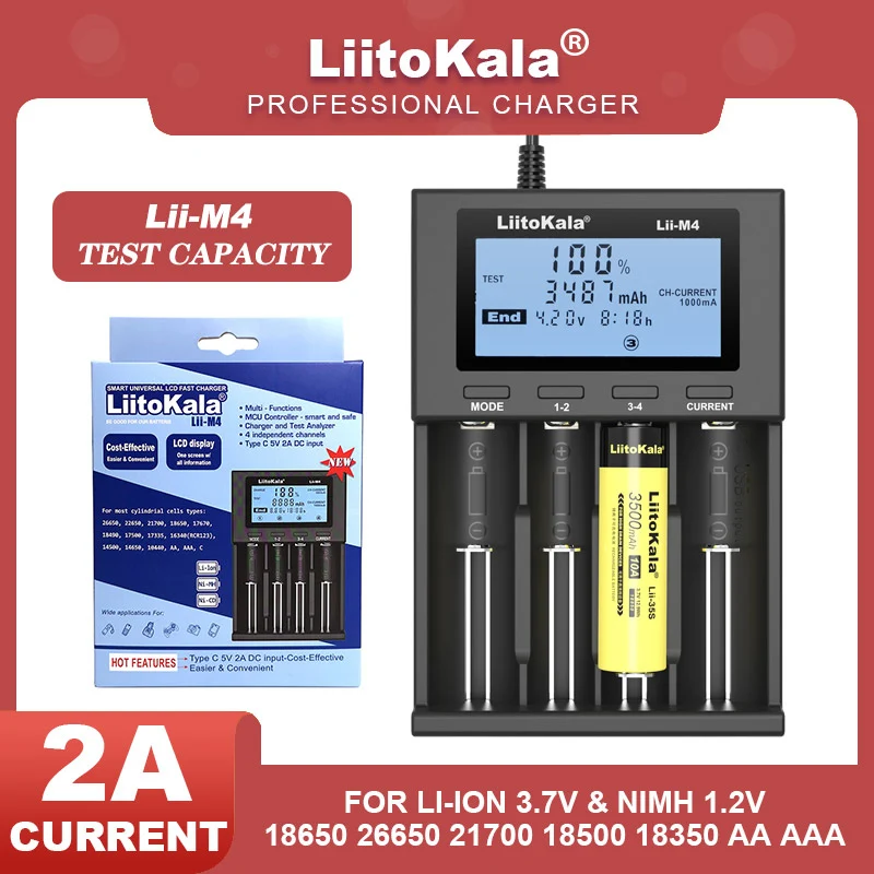 Liitokala Lii-M4 LCD 1.2V 3.7V 18650 18350 18500 21700 14500 26650 21700B AA NiMH Rechargeable Lithium-Battery Charger
