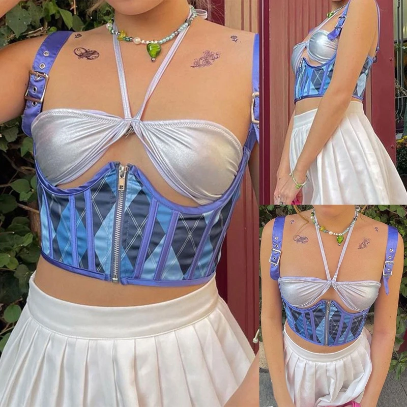 

Sexy Plaid Bustier Sleeveless Corset Top Adjustable Strap Vest Sleeveless Top