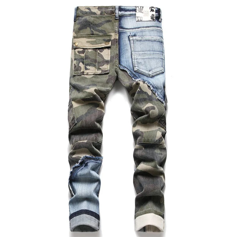 2023 New Jeans Men's Slim Fit Elastic Camo Panel Color Block Bike Fashion Distressed Casual Men's Jeans
