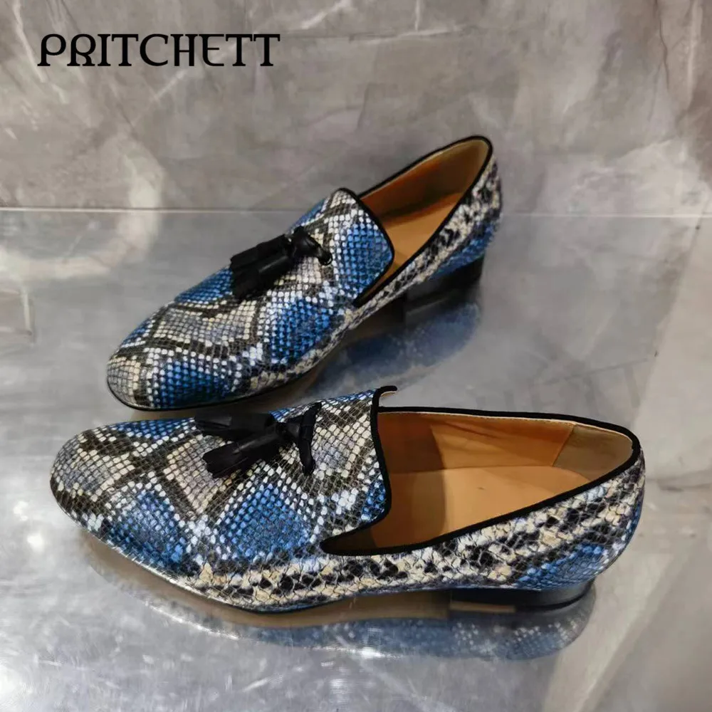 Синие лоферы со змеиным узором и бахромой удобная повседневная обувь без