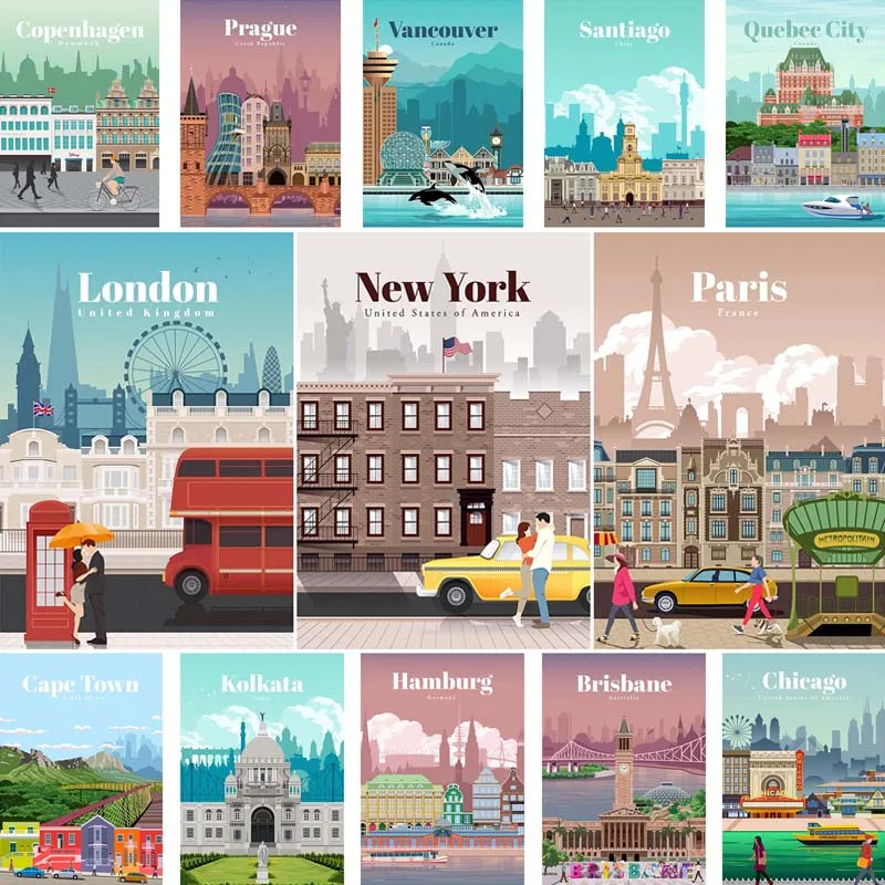 

World Travel Minimalist Posters New York London Paris City Poster White Paper Print Wall Art Decoration Picture Home Cafe Decor