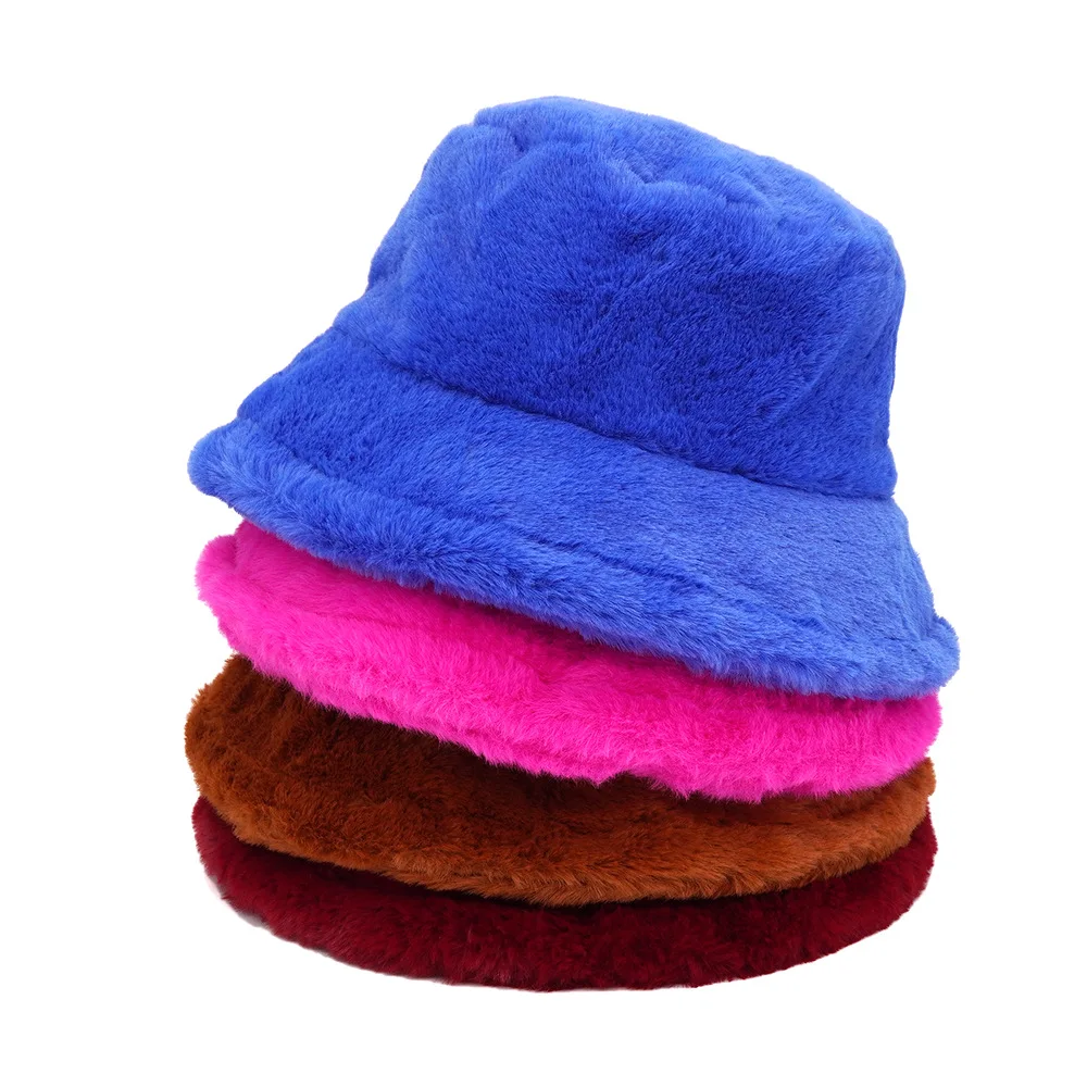 

Faux fur Winter Bucket Hat For Women High Quality Solid Warm Female Cap Outdoor Sunscreen Sun Fisherman Hat Panama Lady Cap