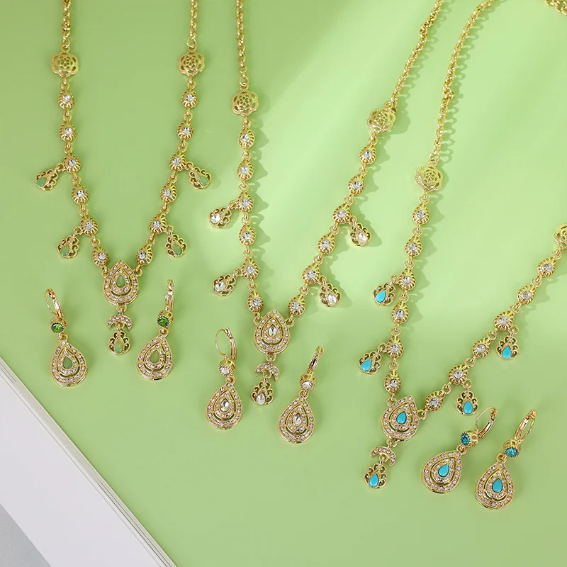 

Luxury Bride Crystal Hair Earrings Jewelry Set Water Drop Gold Color Necklace Eardrop Arab Wedding Caftan Accessories Gift
