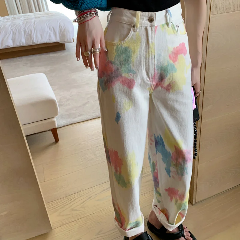 

Graffiti Tie-dye Casual Jeans Ladies Casual Fashion High Waist Summer Loose Wide-leg Trousers Plus Size Pants Women Fashion