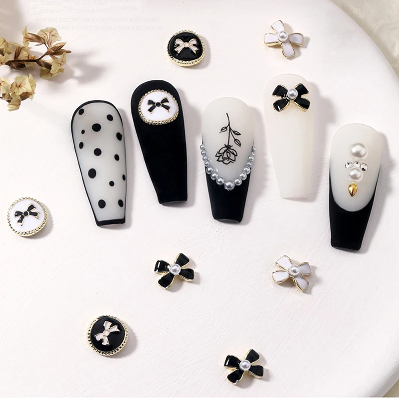 

10Pcs Nail Art Decorations Alloy Elegant Black White 3D Long Ribbon Bowknot Ornament Nail Charm Design Kawaii DIY Accessories