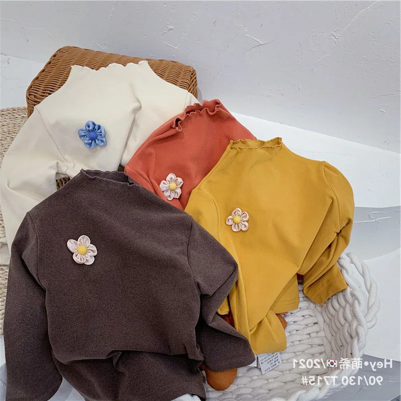 

Children Clothing 2022 Autumn and Winter Girls Solid Color Flower Thickened Fashion Shirt Casual Simple Sweet Tops for Baby Girl