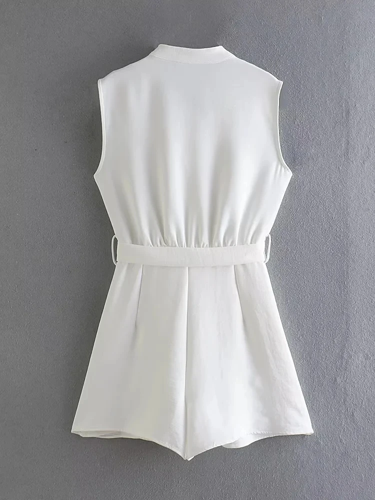 Withered 2023 England Style Office Lady Fashion Sashes Sleeveless Notched Casual Pure White Playsuits Women