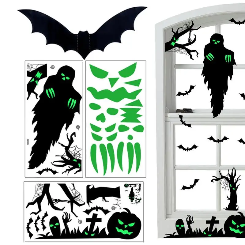 

Halloween Luminous Ghost Decals PVC Ghost Bat Eyes Sticker With Green Light Decorative Wall Decals For Halloween For Ceilings