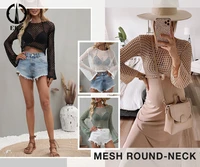 %e3%80%905 colors%e3%80%91casual loose mesh crop top women sexy slim long sleeve knitted pullover see through fishnet t shirt blouse streetwear