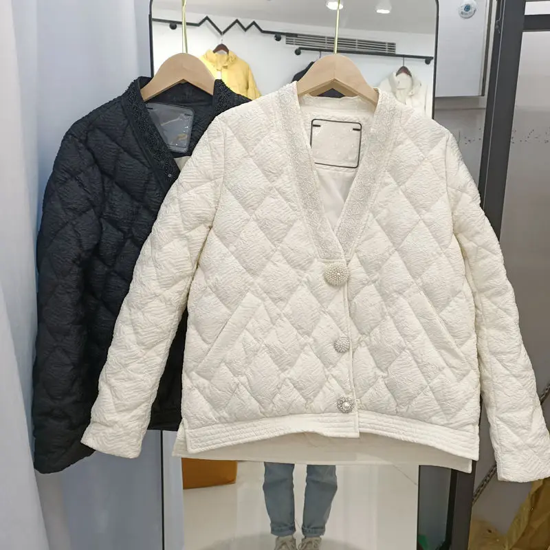 Women White Duck Down Jacket Autumn Winter Outwear Casual V-collar Coat Korean Style Down New 2023 Folds Down Coats Ladies M41
