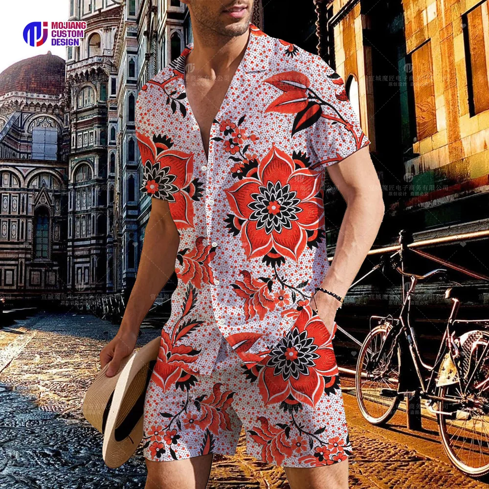 

2023 Men's Fashion Personality Floral Print Button Short Sleeve Shirt Classic Design Slim Top Daily Casual Shorts Set