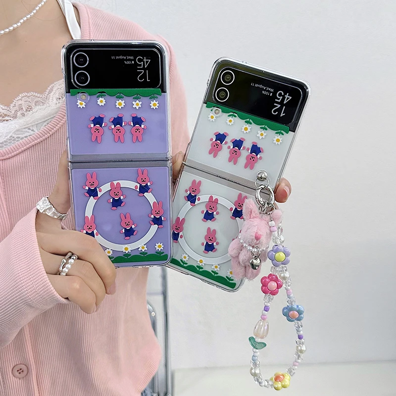 

New Magnetic Cute Rabbit Phone Case For Samsung Galaxy Z Flip 3 4 5G ZFlip3 ZFlip4 Flip3 Flip4 Transparent Cover Plush Beads