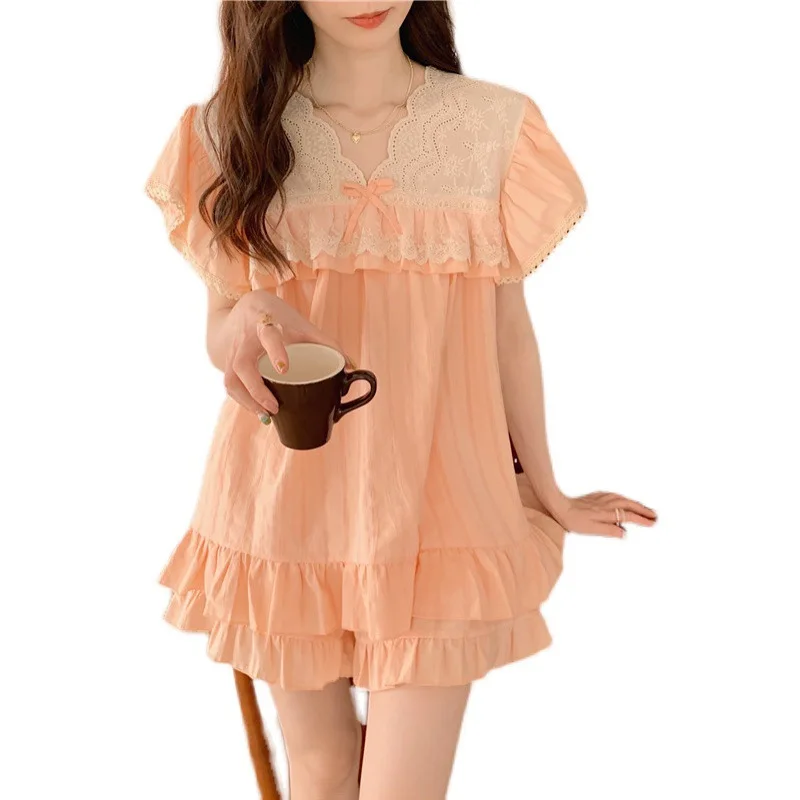 Summer Palace Style Pajamas Sets for Women 2pcs Kawaii Lace Trim Bow Loungewear Loose Short-sleeved Top Shorts Woman Pyjamas Pjs