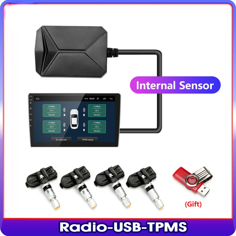 

Система контроля давления в шинах TPMS для автомобильного радио, DVD-плеера, запасной внутренний и внешний датчик для шин, USB TMPS