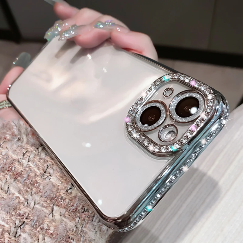 

Plating Glitter Diamond Transparent Case for iPhone 13 11 12 Pro Max Girl Female Soft Silicone Clear Shockproof Cover