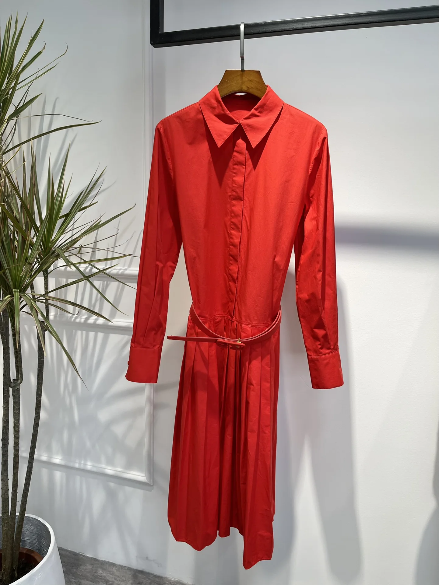 

Женское плиссированное платье-трапеция, элегантное красное Хлопковое платье до середины икры с поясом, весна-осень 2022