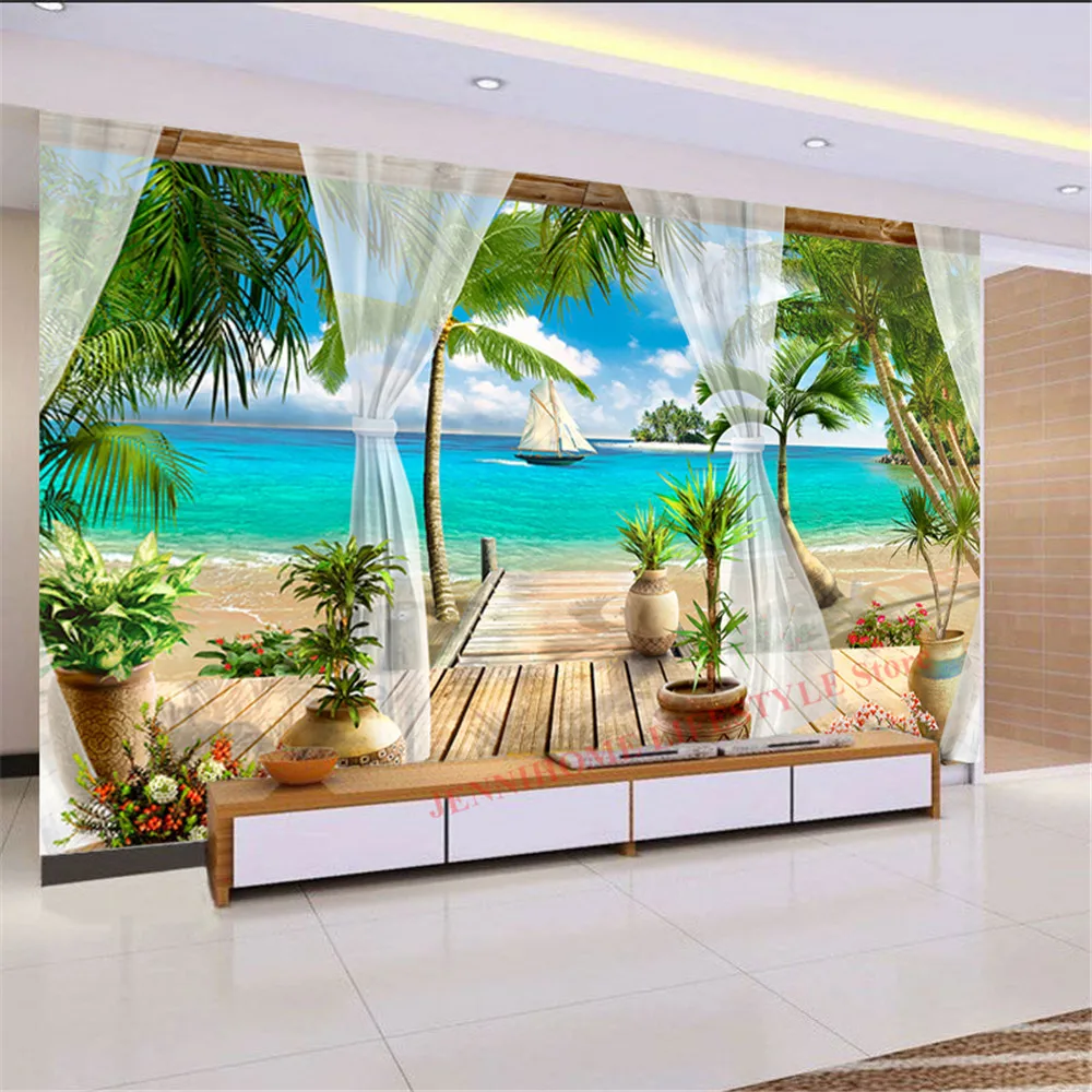 

Пользовательские 3D фото обои балкон песчаный пляж море 3D вид гостиная диван спальня фон для телевизора Настенные обои домашний декор