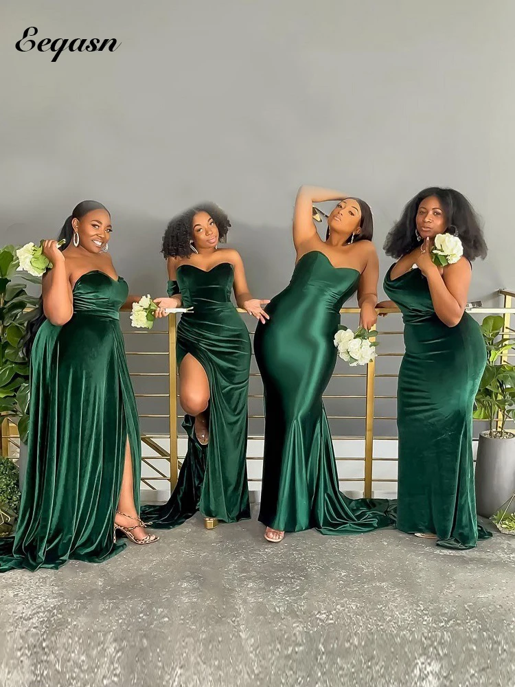 Emerald Green Long Bridesmaid Dresses Sexy Plus Size Women Wedding Guest Dress Velvet Lace Up Back African Girls Party Gown