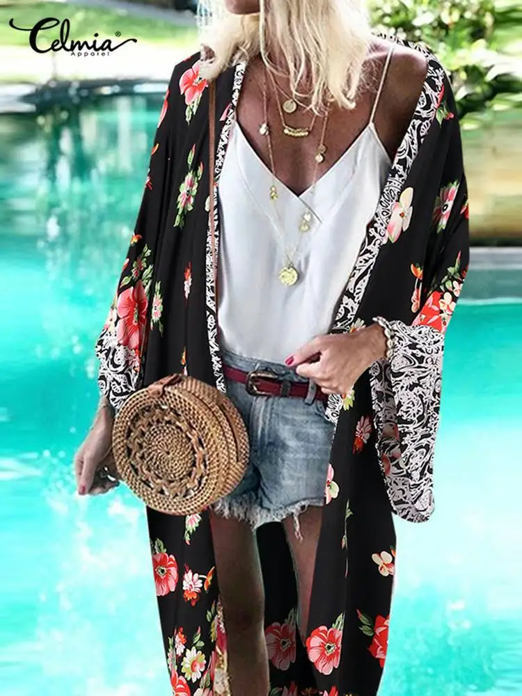 

Fashion Women's Long Cardigan Celmia Floral Print Bat Sleeve Kimonos Holiday Party Cover Ups Beach 2022 Summer Blouse Oversize