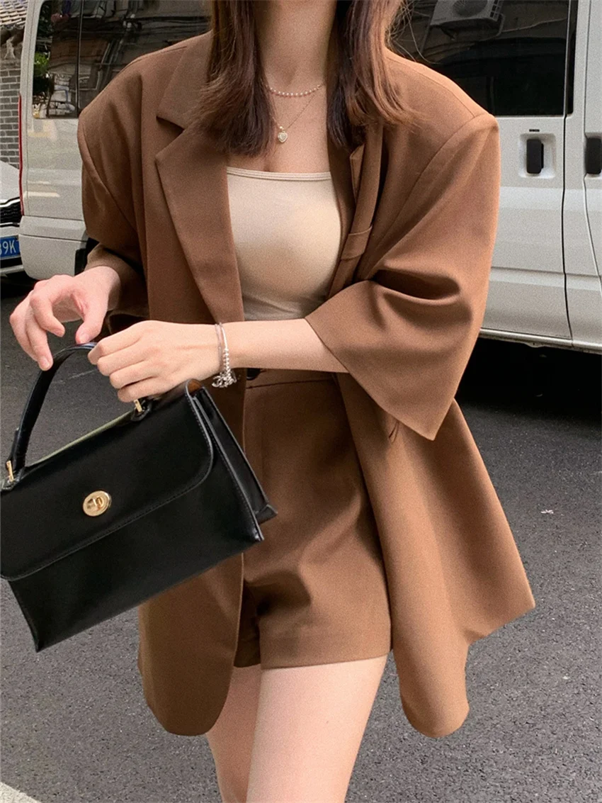 

HziriP Brown High Street Women Two Pieces Sets New Loose Chic Blazers Autumn 2022 Hot Casual High Waist Pants Work Wear Suits
