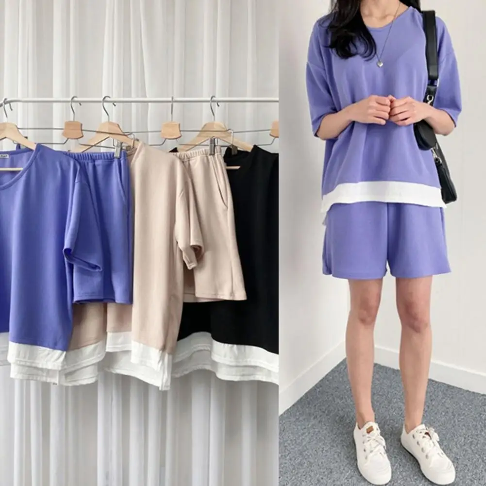 

2Pcs/Set Women Summer Casual Outfit O-Neck Short Sleeve Fake Two Pieces T-shirt Wide Leg Shorts Set Tracksuit conjuntos cortos