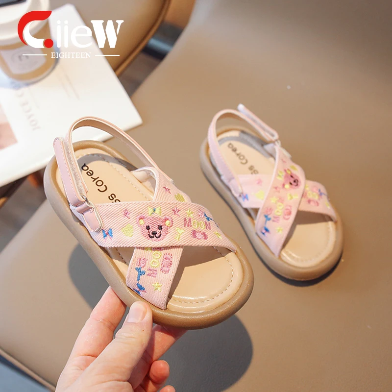 

Детские сандалии с симпатичным медведем, легкая обувь на плоской подошве для девочек, размеры 23-34